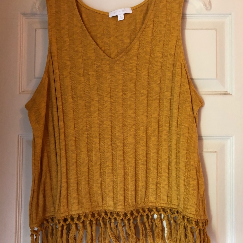 Anthropology Mustard top with fringe